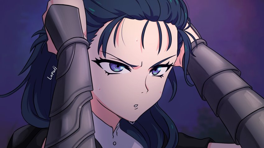 1girl, alternate_hairstyle, blue_eyes, blue_hair, commentary, english_commentary, female_byleth_(fire_emblem), fire_emblem