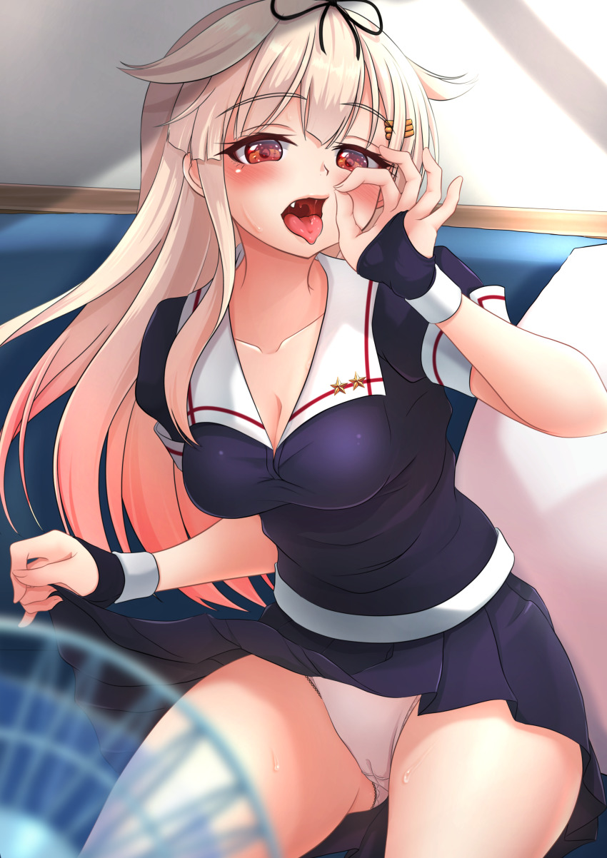 1girl, absurdres, black_gloves, black_ribbon, black_serafuku, black_skirt, blonde_hair, commentary_request