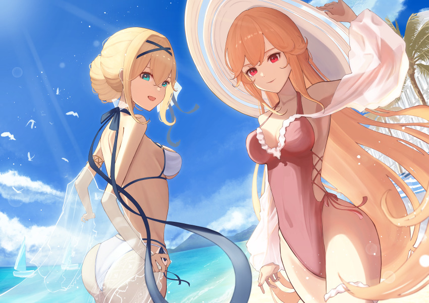 2girls, :d, absurdres, aoi_tooru, ass, azur_lane, beach, bikini, bird, blonde_hair, blue_eyes, blue_sky, breasts, commentary_request, day, detached_sleeves, hair_bun, hair_spread_out, hat, highres, jeanne_d'arc_(azur_lane), jeanne_d'arc_(saintess_of_the_sea)_(azur_lane), long_hair, looking_at_viewer, medium_breasts, multiple_girls, ocean, one-piece_swimsuit, open_mouth, outdoors, palm_tree, pink_one-piece_swimsuit, red_eyes, richelieu_(azur_lane), richelieu_(fleuron_of_the_waves)_(azur_lane), see-through_clothes, see-through_shawl, see-through_sleeves, shawl, sky, smile, sun_hat, swimsuit, tree, very_long_hair, white_bikini, white_sleeves
