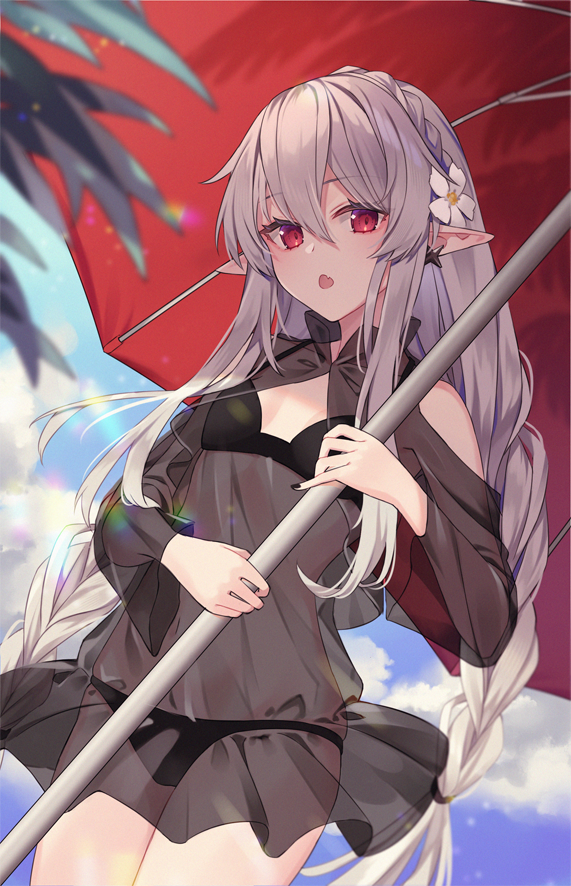 1girl, :o, arknights, bare_shoulders, beach_umbrella, bikini, black_bikini, black_nails, blue_sky, blush, braid, breasts, clothing_cutout, cloud, cowboy_shot, day, earrings, fang, flower, grey_hair, hair_flower, hair_ornament, jewelry, lens_flare, long_hair, long_sleeves, mashita_(kuzsat), nail_polish, official_alternate_costume, open_mouth, outdoors, pointy_ears, red_eyes, see-through_clothes, shoulder_cutout, skin_fang, sky, small_breasts, solo, swimsuit, twin_braids, umbrella, very_long_hair, warfarin_(arknights), warfarin_(casual_vacation)_(arknights), white_flower