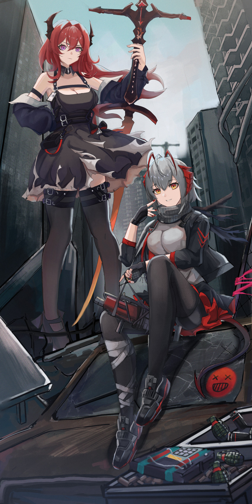 2girls, absurdres, antenna_hair, arknights, arm_strap, bare_shoulders, black_dress, black_footwear