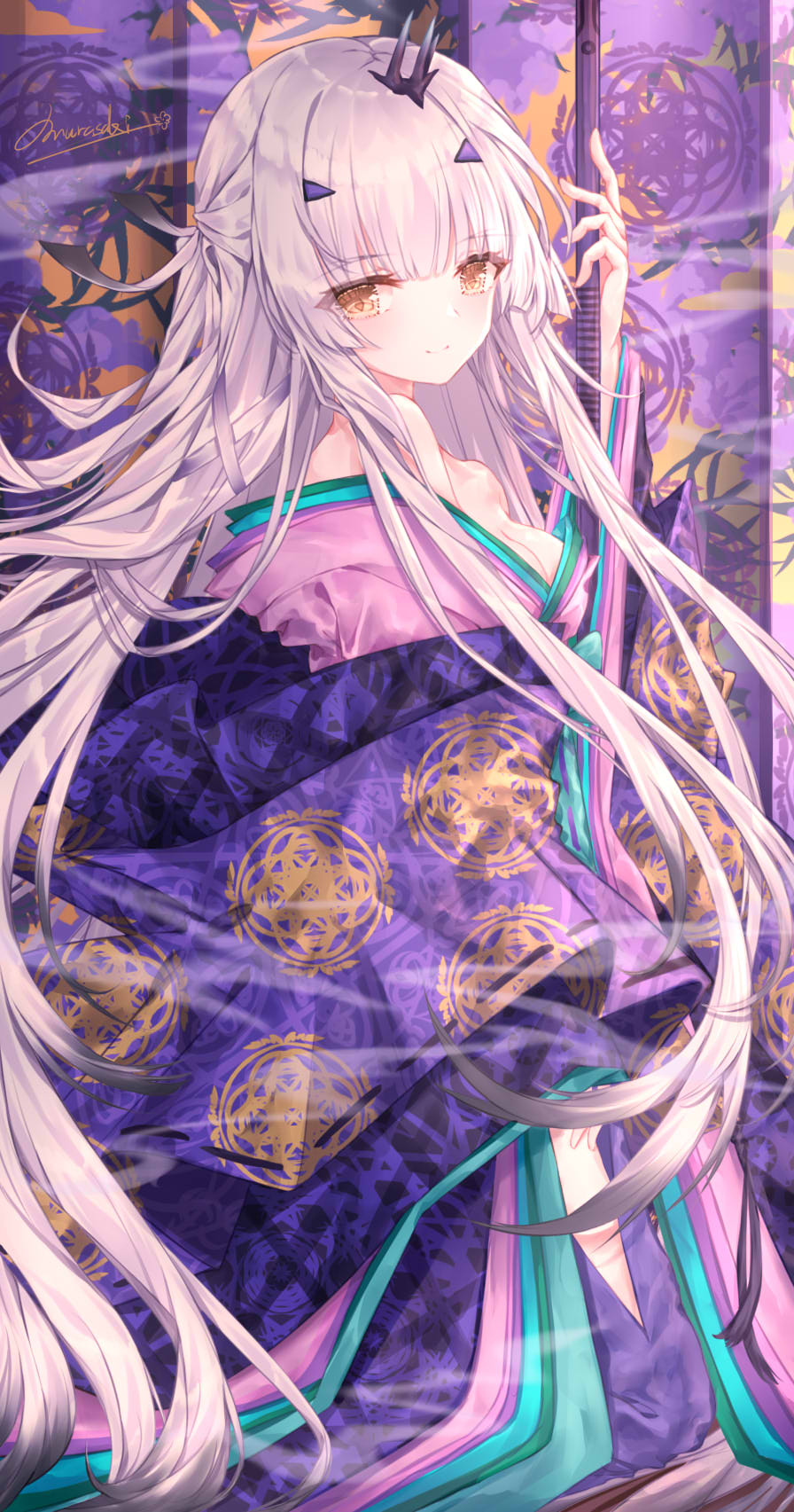 1girl, breasts, cleavage, closed_mouth, fairy_knight_lancelot_(dream_portrait)_(fate), fate/grand_order, fate_(series), hair_spread_out, highres, japanese_clothes, karaginu_mo, kimono, kneeling, layered_clothes, layered_kimono, long_hair, looking_at_viewer, melusine_(dream_portrait)_(fate), melusine_(fate), official_alternate_costume, purionpurion, purple_kimono, smile, solo, split_mouth, white_hair, yellow_eyes