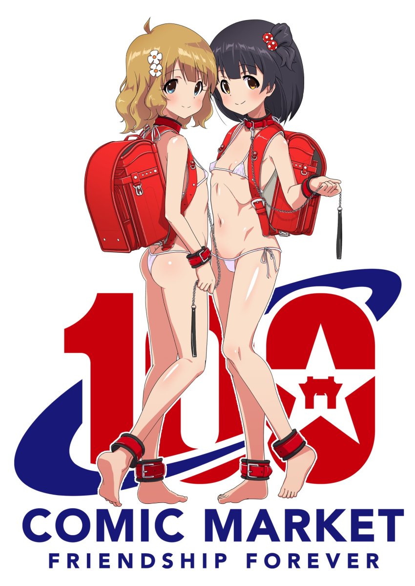 2girls, absurdres, animal_collar, ass, backpack, bag, barefoot, belt_collar, bikini, black_hair, blue_eyes, blush, breasts, brown_eyes, brown_hair, butt_crack, collar, comiket_100, face-to-face, feet, female_focus, flower, full_body, groin, hair_flower, hair_ornament, highres, idolmaster, idolmaster_million_live!, kneepits, leash, legs, loli, looking_at_viewer, micro_bikini, multiple_girls, nakatani_iku, navel, randoseru, short_hair, side-tie_bikini_bottom, small_breasts, smile, soles, sumitomo, suou_momoko, swimsuit, thighs, toes, white_bikini