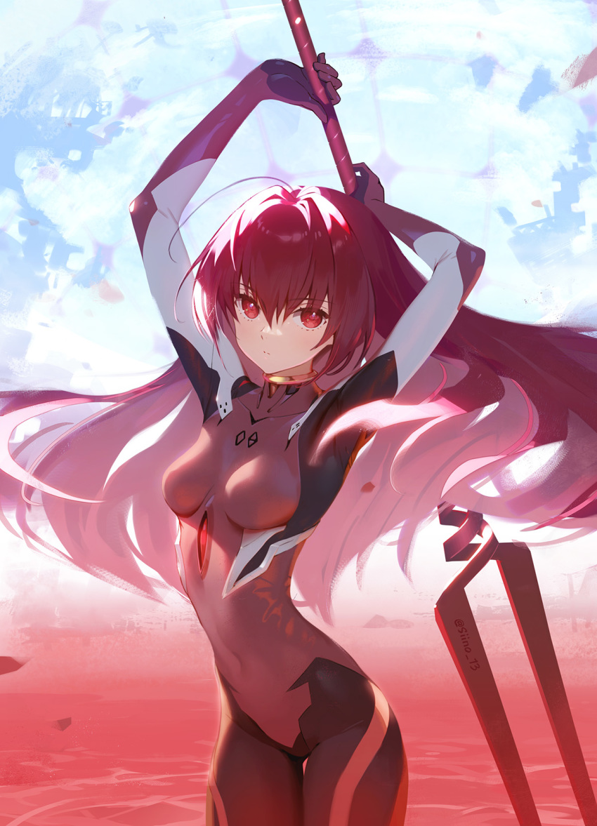 1girl, bident, bodysuit, breasts, cloud, cloudy_sky, commentary, covered_navel