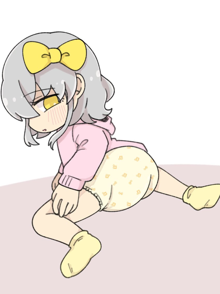 1girl, blush, bow, diaper, female_focus, grey_hair, hair_bow, hair_ornament