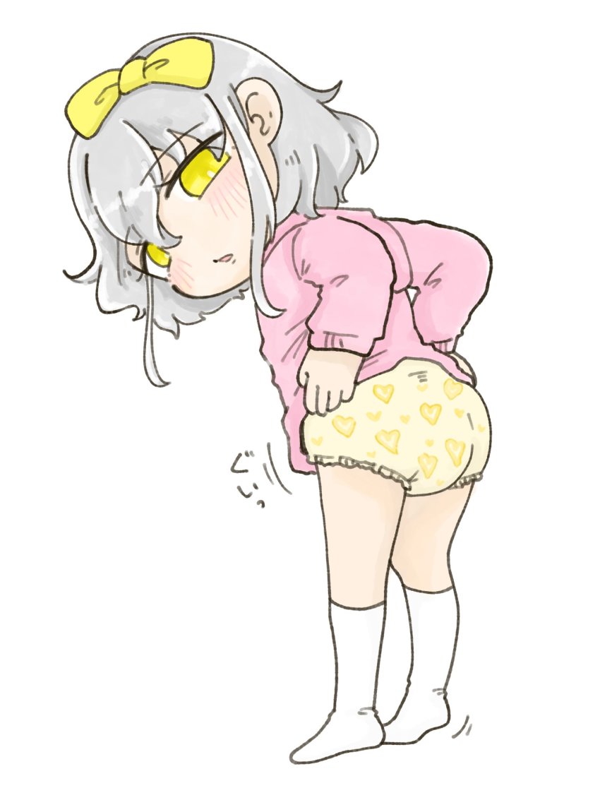 1girl, blush, bow, clothes_pull, diaper, female_focus, full_body, grey_hair