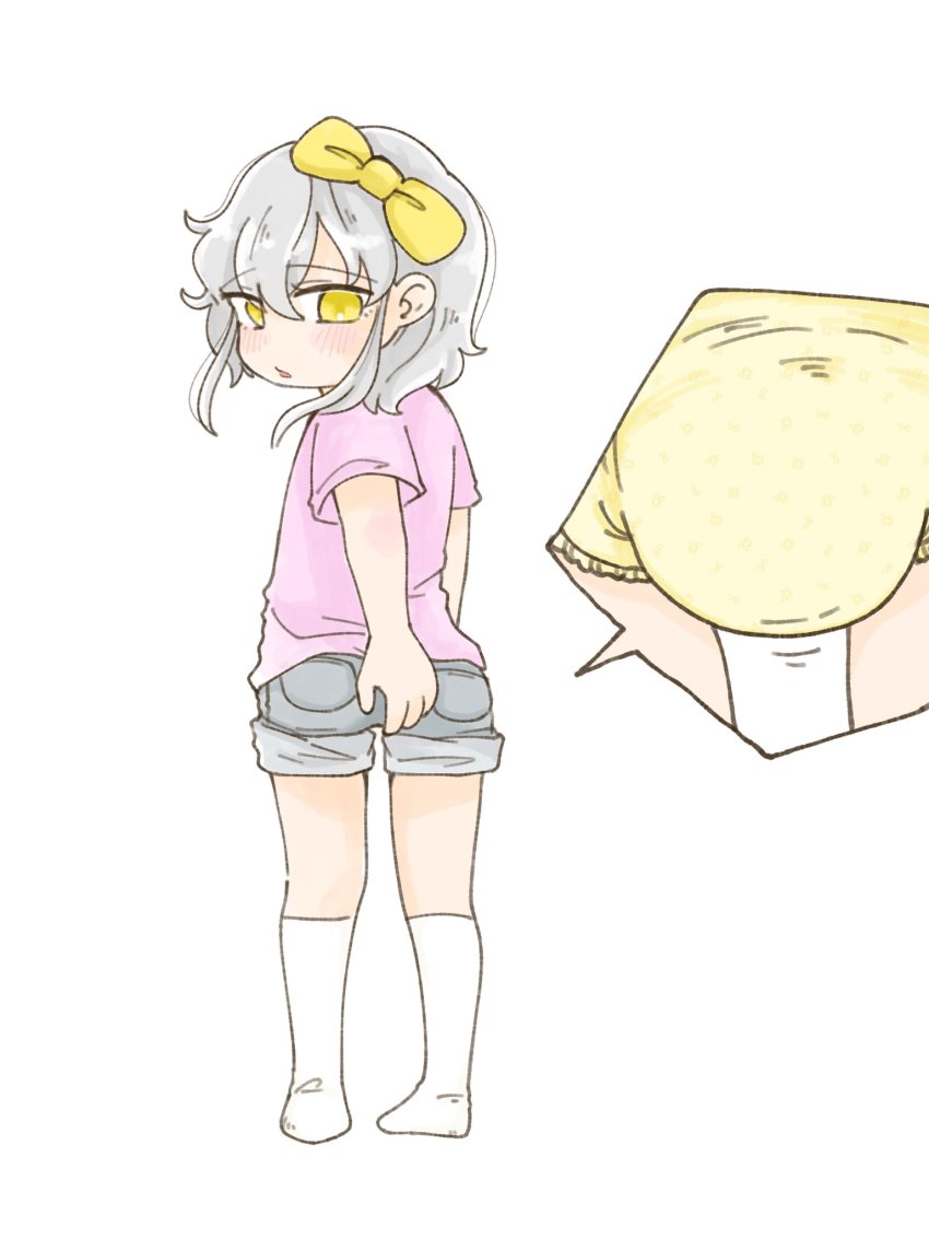 1girl, blush, bow, diaper, female_focus, from_behind, full_body, grey_hair, grey_shorts, hair_bow, hair_ornament, highres, loli, looking_at_viewer, looking_back, medium_hair, original, pink_shirt, rui_(yashiro), shirt, shorts, simple_background, socks, solo, standing, t-shirt, white_background, white_socks, yashiro_(yasiro_suka), yellow_eyes