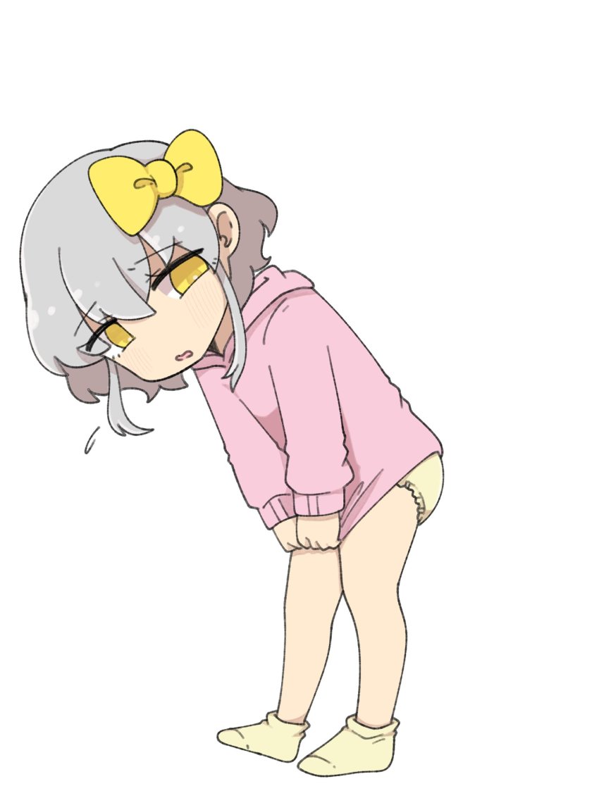 1girl, bow, clothes_pull, clutching_clothes, diaper, female_focus, full_body, grey_hair, hair_bow, hair_ornament, highres, hood, hoodie, loli, looking_at_viewer, medium_hair, original, pink_hoodie, rui_(yashiro), simple_background, socks, solo, standing, white_background, yashiro_(yasiro_suka), yellow_eyes, yellow_socks