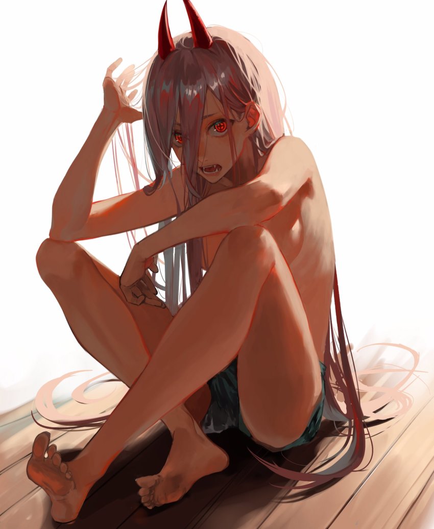 1girl, akuta_vi, backlighting, bare_legs, barefoot, between_fingers, blue_shorts, breasts, chainsaw_man, commentary, cross-shaped_pupils, crossed_legs, demon_girl, demon_horns, dirty, dirty_feet, dorsiflexion, elbows_on_knees, fangs, forest, full_body, grey_hair, hair_between_eyes, hand_up, highres, holding, horns, knees_up, long_hair, looking_at_viewer, nature, open_mouth, power_(chainsaw_man), red_eyes, red_horns, shorts, sitting, solo, symbol-shaped_pupils, topless_female, very_long_hair, white_background, wooden_floor