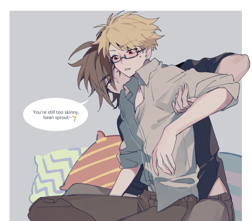 2boys, atou_haruki, black_shirt, blonde_hair, blush, brown_hair, brown_pants, chinese_commentary, collared_shirt, commentary_request, english_text, glasses, highres, isoi_reiji, male_focus, multiple_boys, naku_(naku999ziye), open_collar, pants, red_eyes, saibou_shinkyoku, shirt, short_hair, speech_bubble, white_shirt, yaoi