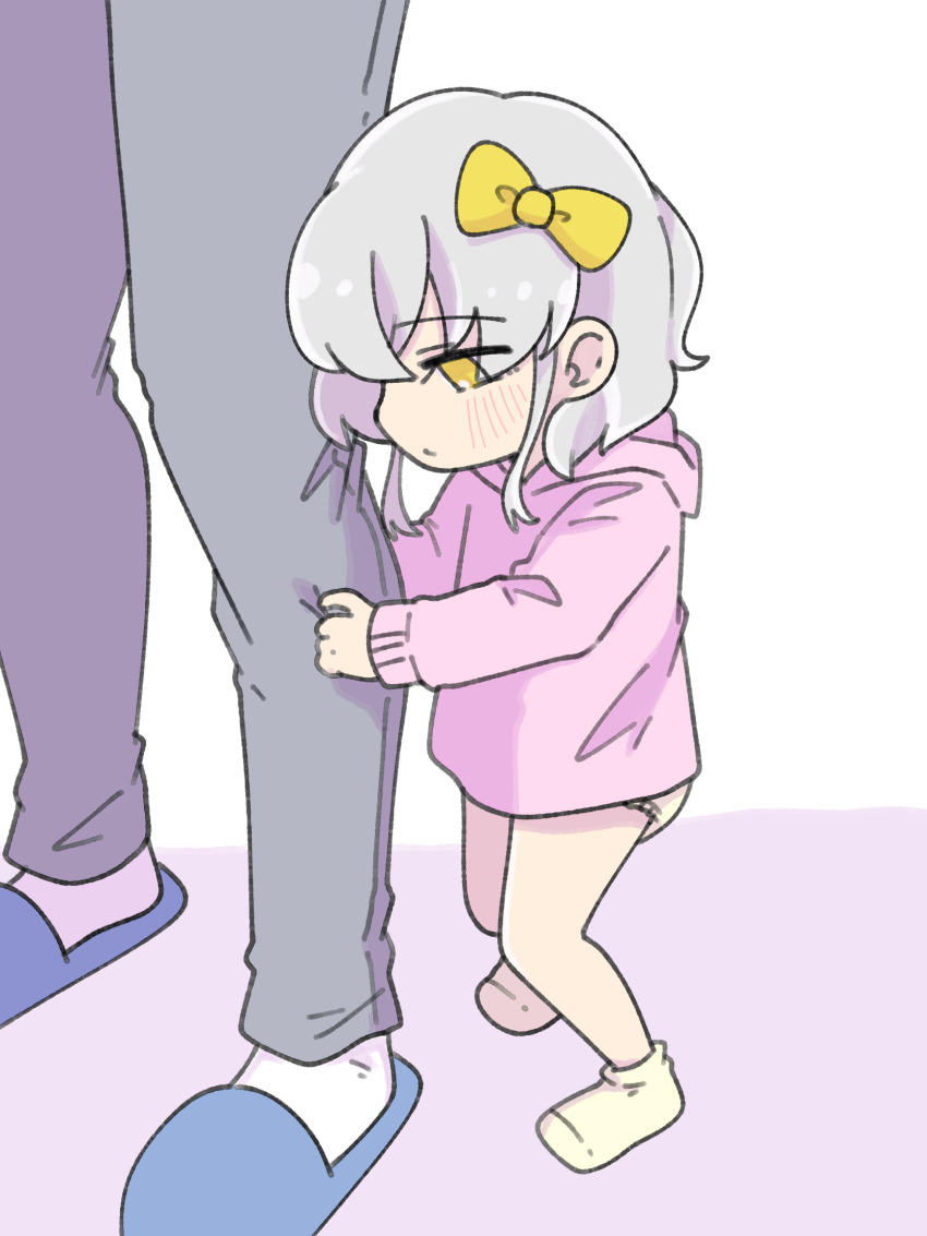 1boy, 1girl, age_difference, blue_footwear, bow, diaper, full_body, grey_hair