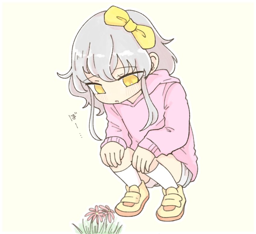 bow, child, flower, grass, grey_hair, grey_shorts, hair_bow, hair_ornament