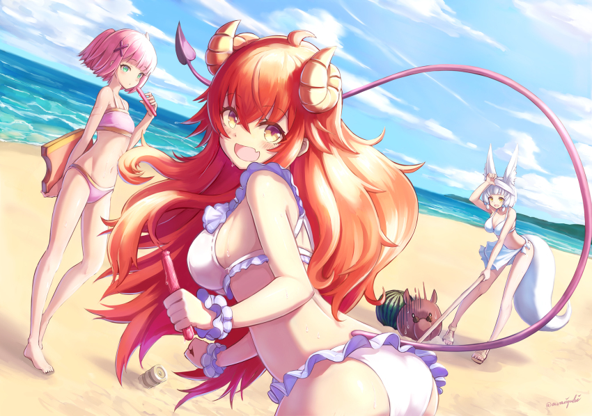 3girls, animal_ears, artist_name, ass, awaiyuhi, back, barefoot, beach