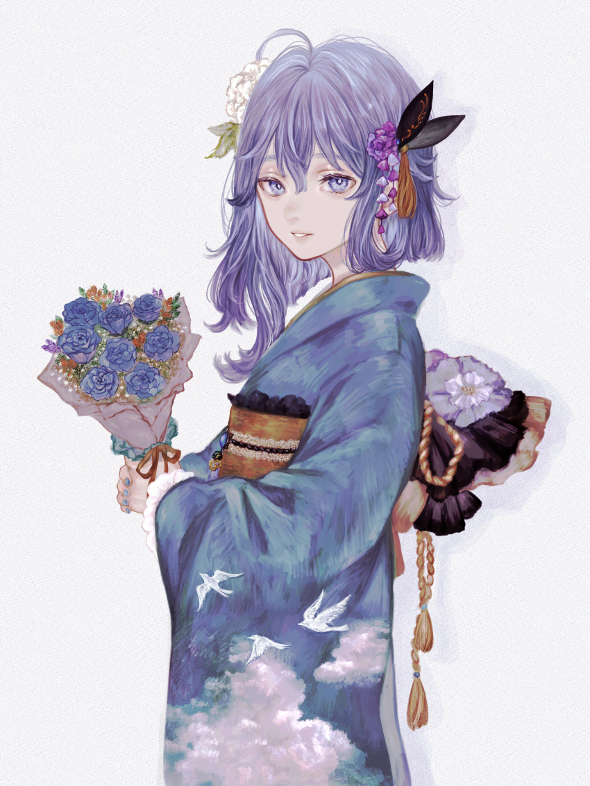 1girl, absurdres, ahoge, animal_print, bird_print, blue_nails, bouquet, ciel_(kamitsubaki_studio)