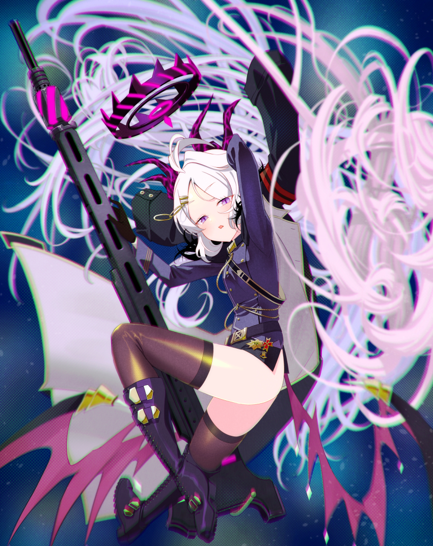 1girl, absurdres, ahoge, black_gloves, black_skirt, black_thighhighs, blue_archive, boots