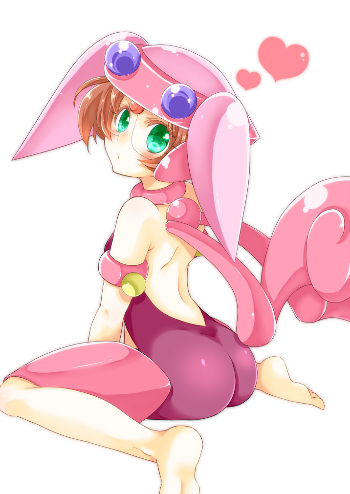 1girl, asagi_marin, ass, backless_outfit, barefoot, blush, brigadoon, brown_hair, choker, cosplay, erin_garnet, erin_garnet_(cosplay), glasses, green_eyes, heart, leotard, looking_at_viewer, looking_back, pink_choker, shino-o, short_hair, simple_background, sitting, solo, wariza, white_background