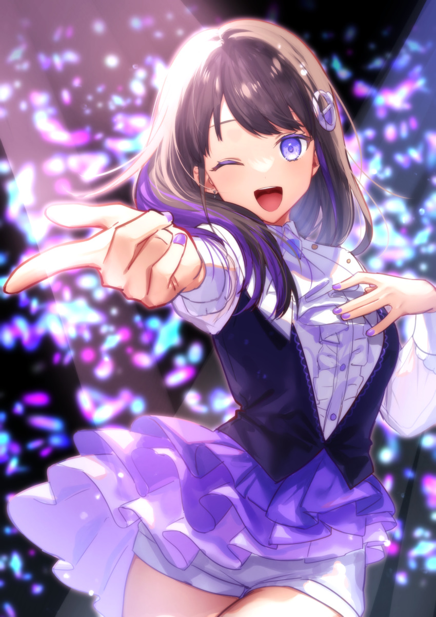 1girl, black_vest, blurry, blurry_background, brown_hair, center_frills, chihilab, depth_of_field