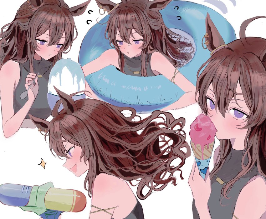 1girl, animal_ears, bare_shoulders, brown_hair, food, highres, horse_ears, ice_cream