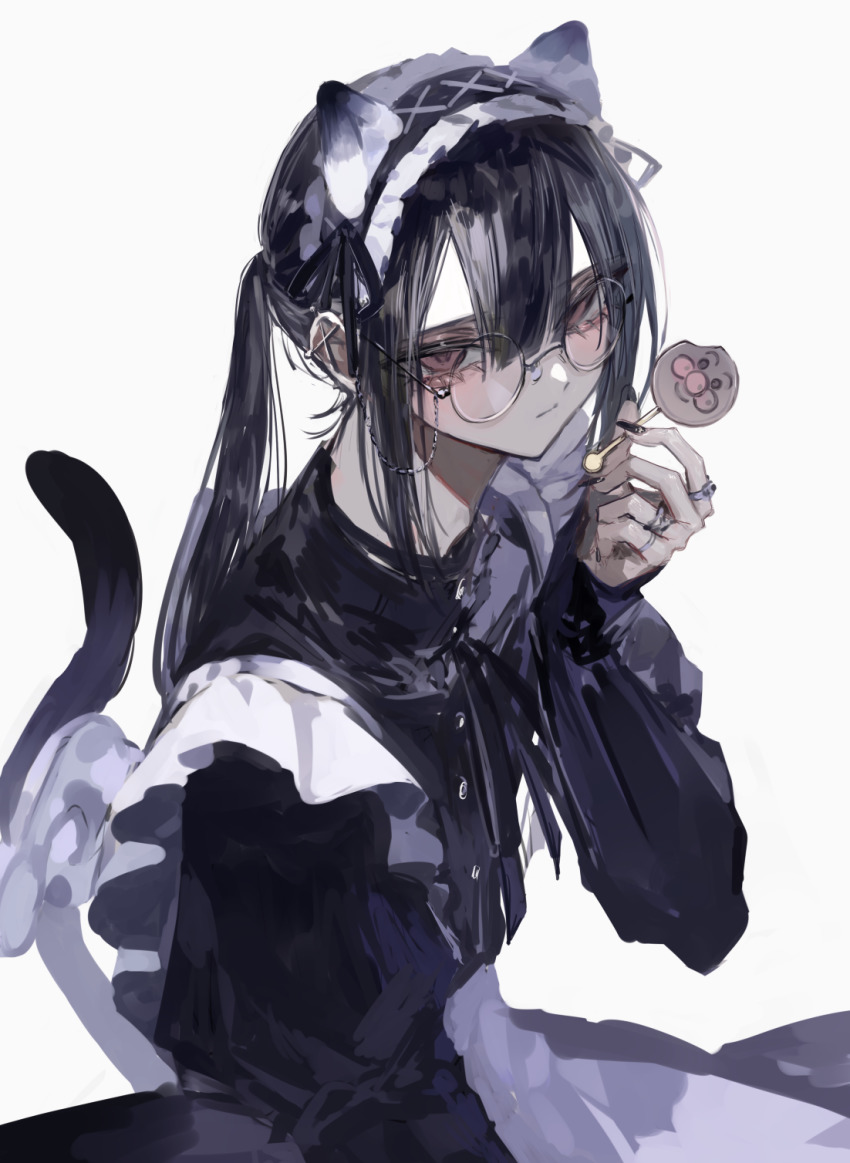 1girl, animal_ears, black_hair, cat_ears, cat_tail, glasses, highres, jewelry