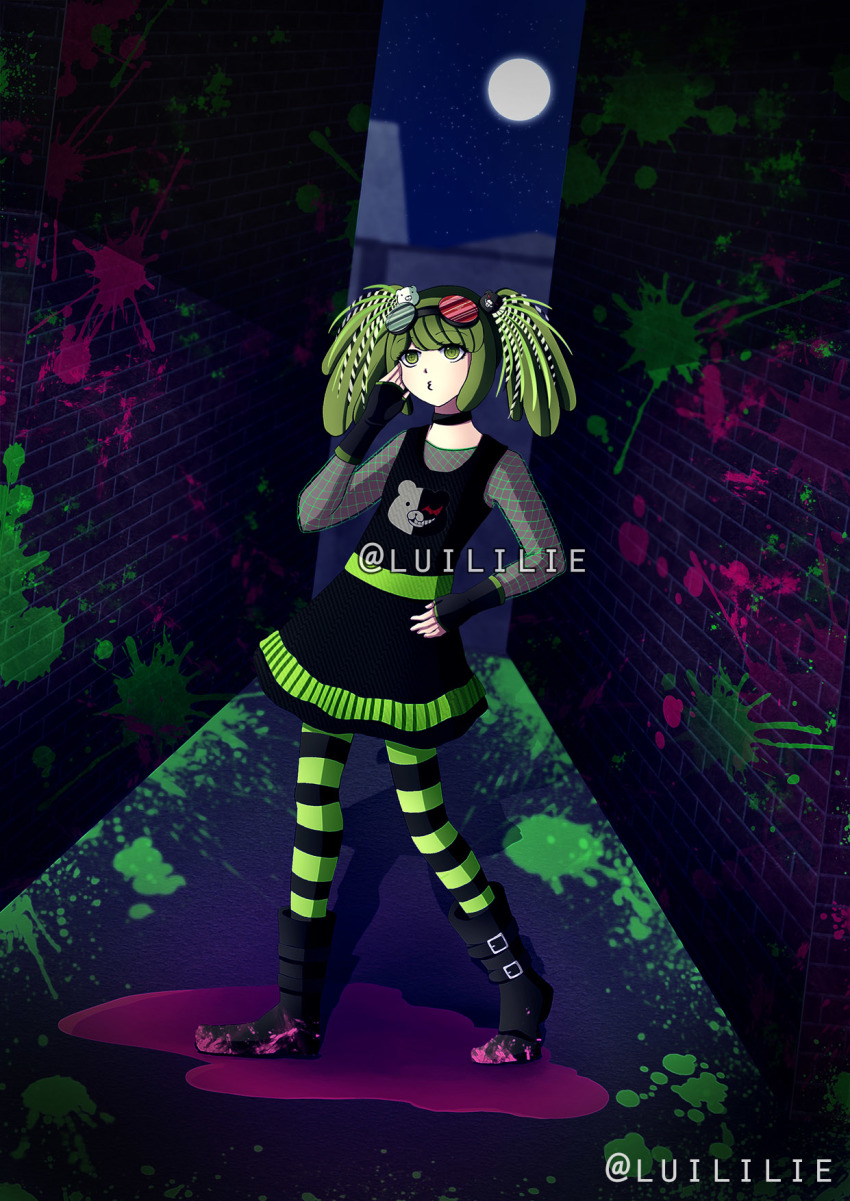 1girl, alley, alternate_costume, alternate_hairstyle, artist_name, bear_hair_ornament, black_boots, black_choker