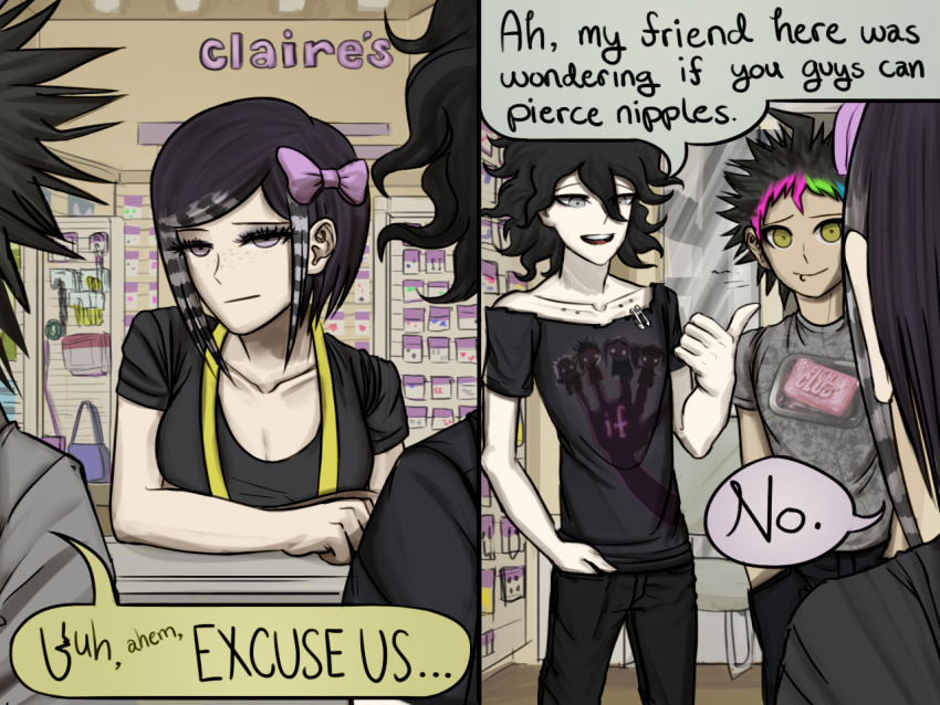 1girl, 2boys, alternate_color, alternate_costume, alternate_hair_color, bag, black_hair, black_jeans, black_pants, black_shirt, black_skirt, blue_hair, bow, breasts, claire's_(company), cleavage, closed_mouth, collarbone, collarbone_piercing, comic, danganronpa:_trigger_happy_havoc, danganronpa_(series), danganronpa_2:_goodbye_despair, ears, english_text, eyebrows, eyelashes, face_piercing, fight_club, freckles, green_hair, grey_eyes, hair_between_eyes, hair_bow, handbag, hinata_hajime, ikusaba_mukuro, komaeda_nagito, lip_piercing, lip_ring, looking_at_another, looking_at_viewer, mindless_self_indulgence_(band), multicolored_hair, multiple_boys, multiple_views, nose, open_mouth, pants, parted_bangs, piercing, pink_bow, pink_hair, print_shirt, purple_eyes, shirt, shopping, short_sleeves, skirt, sol--lux, speech_bubble, standing, store_clerk, storefront, suspenders, upper_body, yellow_eyes