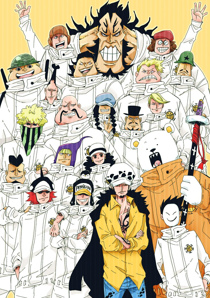 1girl, 6+boys, artist_request, baseball_cap, bear, beard, bepo_(one_piece), black_hair, blonde_hair, braid, breasts, character_request, chest_tattoo, clione_(one_piece), everyone, facial_hair, grin, hakugan_(one_piece), hat, helmet, highres, holding, holding_sword, holding_weapon, ikkaku_(one_piece), jean_bart, jolly_roger, long_hair, multiple_boys, muscular, one_piece, pectorals, penguin_(one_piece), shachi_(one_piece), short_hair, simple_background, smile, standing, sword, tattoo, trafalgar_law, uni_(one_piece), weapon