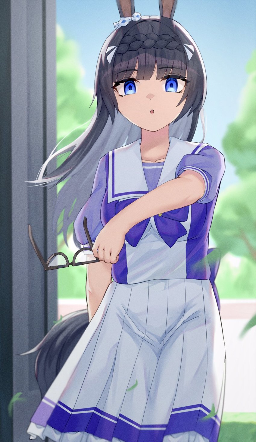 1girl, :o, animal_ears, arm_at_side, black_hair, blue_eyes, blunt_bangs, blurry