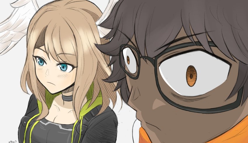 1boy, 1girl, blue_eyes, blunz, brown_eyes, brown_hair, choker, dark-skinned_male