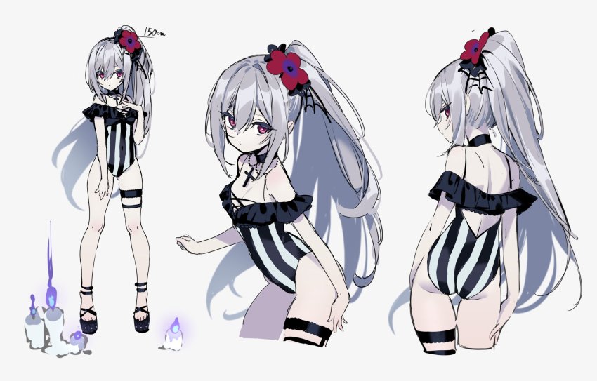 1girl, ass, blush, casual_one-piece_swimsuit, covered_navel, cowboy_shot, frilled_one-piece_swimsuit, frilled_swimsuit