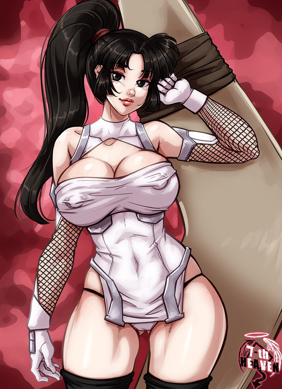 1girl, 7th-heaven, alternate_breast_size, bare_shoulders, black_eyes, black_hair, boomerang, breasts