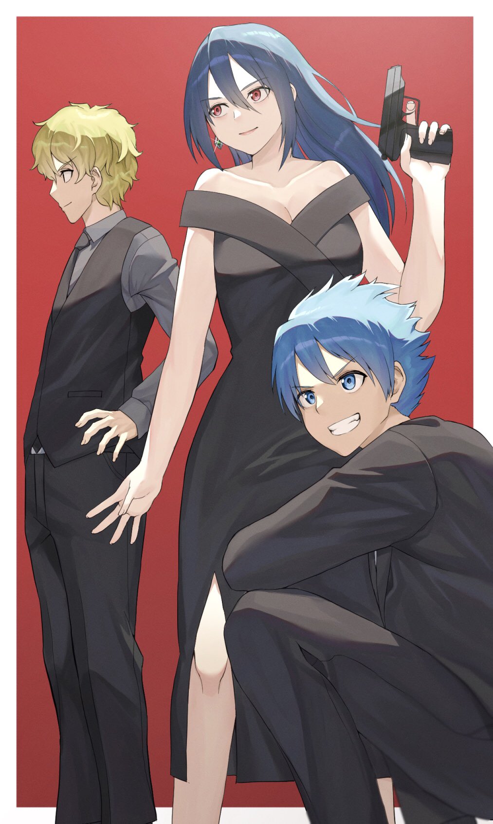 1girl, 2boys, amane_towa, bare_shoulders, black_dress, black_pants, black_vest, blonde_hair, blue_eyes, blue_hair, breasts, character_request, cleavage, dress, finger_on_trigger, formal_clothes, grey_shirt, gun, hair_between_eyes, handgun, highres, hizutome_rakurou, holding, holding_gun, holding_weapon, long_hair, long_sleeves, looking_to_the_side, maaason, multiple_boys, on_one_knee, pants, red_eyes, shangri-la_frontier, shirt, short_hair, sleeveless, sleeveless_dress, standing, suit, uomi_kei, vest, weapon