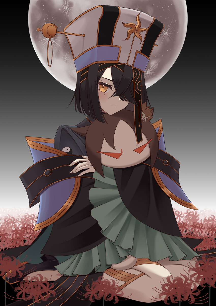 1girl, absurdres, black_hair, breasts, brown_eyes, character_doll, doll, dress, fate/grand_order, fate_(series), flower, hair_over_one_eye, hat, highres, holding, holding_doll, juliet_sleeves, long_sleeves, looking_at_viewer, mole, mole_under_eye, puffy_sleeves, red_flower, sash, short_hair, sitting, skirt, small_breasts, solo, spider_lily, wariza, white_hat, white_skirt, wide_sleeves, xu_fu_(fate), xu_fu_(third_ascension)_(fate), xue_mei_(zyzm3884), yu_mei-ren_(fate), yu_mei-ren_(swimsuit_lancer)_(fate)