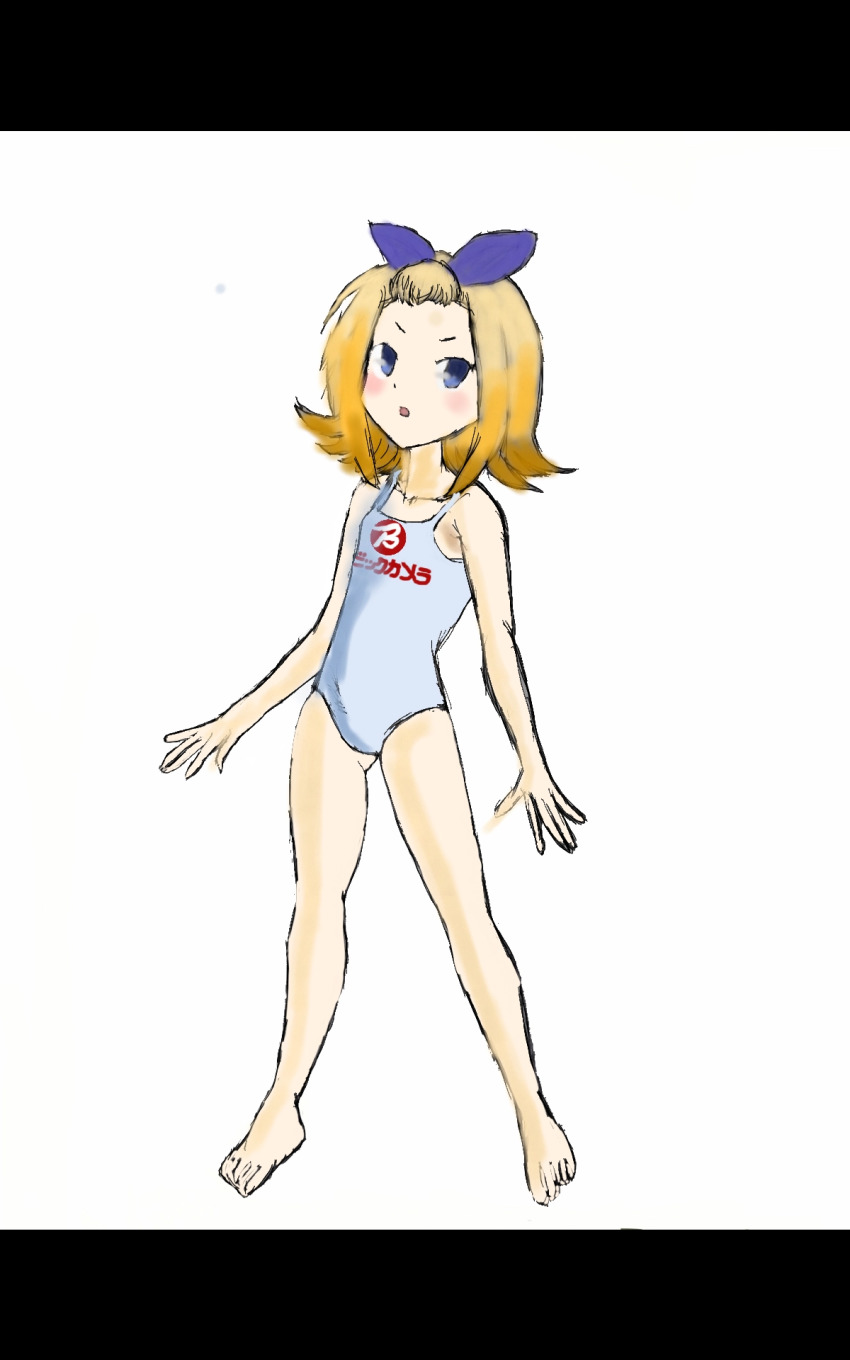 1girl, bic_camera, blue_eyes, company_logo, highres, one-piece_swimsuit, oomiya-tan, orange_hair