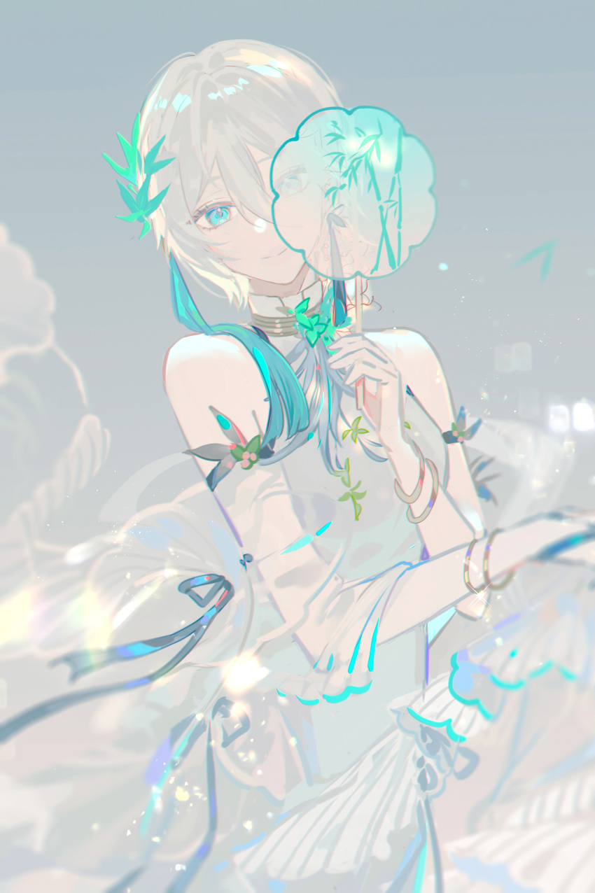 1girl, absurdres, aqua_eyes, bamboo, bare_shoulders, blue_ribbon, blurry, bracelet