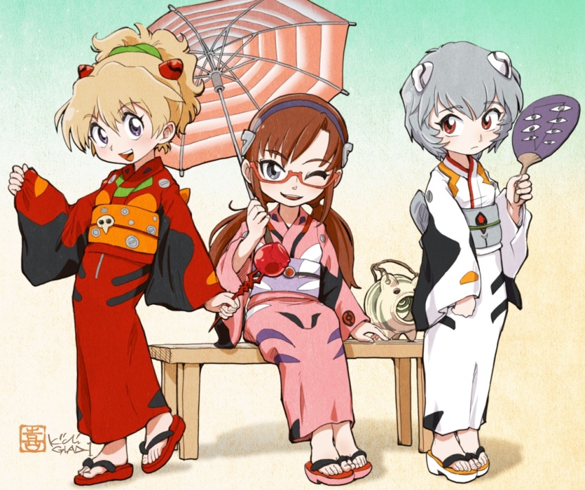 3girls, adapted_costume, alternate_eye_color, alternate_hair_color, alternate_hairstyle, at_field, ayanami_rei, bench, blonde_hair, blush, brown_hair, candy_apple, expressionless, facing_viewer, food, footwear_request, glasses, gradient_background, grey_eyes, grey_hair, hairband, hairpods, hand_fan, happy, high_ponytail, holding, holding_fan, holding_food, holding_umbrella, incense_burner, interface_headset_(evangelion), japanese_clothes, kayari_buta, kiichi, kimono, lance_of_longinus_(evangelion), legs_together, long_hair, looking_at_viewer, low_twintails, makinami_mari_illustrious, mosquito_coil, multiple_girls, neon_genesis_evangelion, no_socks, obi, one_eye_closed, open_mouth, paper_fan, pink_kimono, pink_yukata, ponytail, purple_eyes, red-framed_eyewear, red_eyes, red_kimono, red_yukata, sandals, sash, seele_(evangelion), seele_logo, semi-rimless_eyewear, short_hair, signature, simple_background, sitting, smile, souryuu_asuka_langley, standing, tagme, twintails, umbrella, under-rim_eyewear, white_kimono, wide_sleeves, wooden_bench, yukata