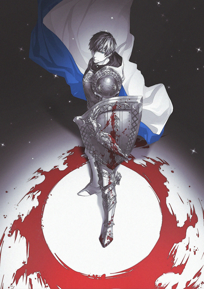 1boy, adventurer_(ff14), armor, blood, blood_on_leg, bloody_weapon, blue_cape, blue_eyes, breastplate, cape, facial_hair, film_grain, final_fantasy, final_fantasy_xiv, from_above, full_body, gradient_background, greaves, grey_background, grey_hair, highres, holding, holding_shield, hood, hood_down, hooded_cape, hyur, legs_apart, limited_palette, logo, looking_afar, male_focus, one_eye_covered, paladin_(final_fantasy), pauldrons, serious, shield, short_hair, shoulder_armor, solo, sparkle, standing, stubble, two-sided_fabric, v-shaped_eyebrows, warrior_of_light_(ff14), weapon, white_cape, zmeoow