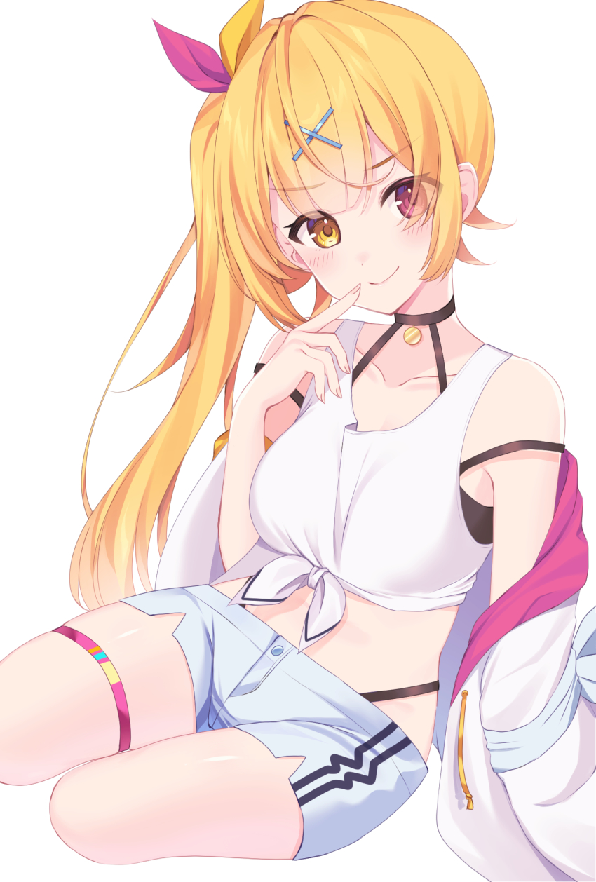 1girl, asagi_shiki_(artist), bare_shoulders, black_choker, blonde_hair, blue_shorts, breasts, choker