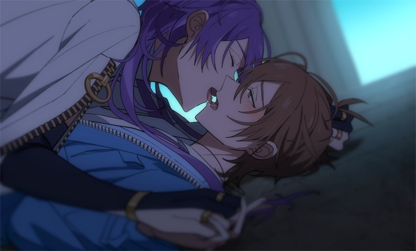 2boys, black_gloves, brothers, brown_eyes, eiden_(nu_carnival), fingerless_gloves, french_kiss, gloves, holding_hands, jewelry, kiss, light_brown_hair, long_hair, male_focus, multiple_boys, multiple_rings, nu_carnival, purple_hair, rin_(nu_carnival), ring, short_hair, siblings, tears, yaoi, zaqxcsdwe123, zipper
