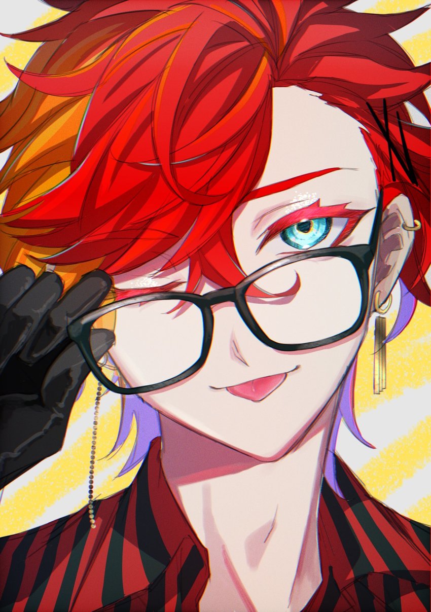 1boy, ;p, adjusting_eyewear, aqua_eyes, asymmetrical_bangs, bespectacled, black-framed_eyewear, black_gloves