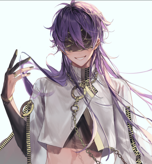 1boy, black_gloves, black_nails, black_shirt, blindfold, chain, chain_leash, crop_top