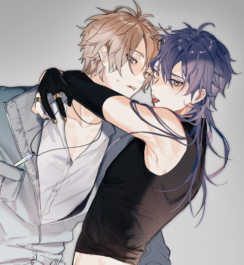 2boys, :p, absurdres, black_gloves, black_nails, blood, blood_from_mouth, brothers, brown_eyes, eiden_(nu_carnival), elbow_gloves, fingerless_gloves, gloves, highres, hug, incest, jacket, jewelry, light_brown_hair, long_hair, looking_at_viewer, male_focus, multiple_boys, multiple_rings, nail_polish, necklace, nu_carnival, open_clothes, open_jacket, purple_hair, rin_(nu_carnival), ring, sabu41765104, short_hair, siblings, tongue, tongue_out, turtleneck, yaoi, yellow_eyes