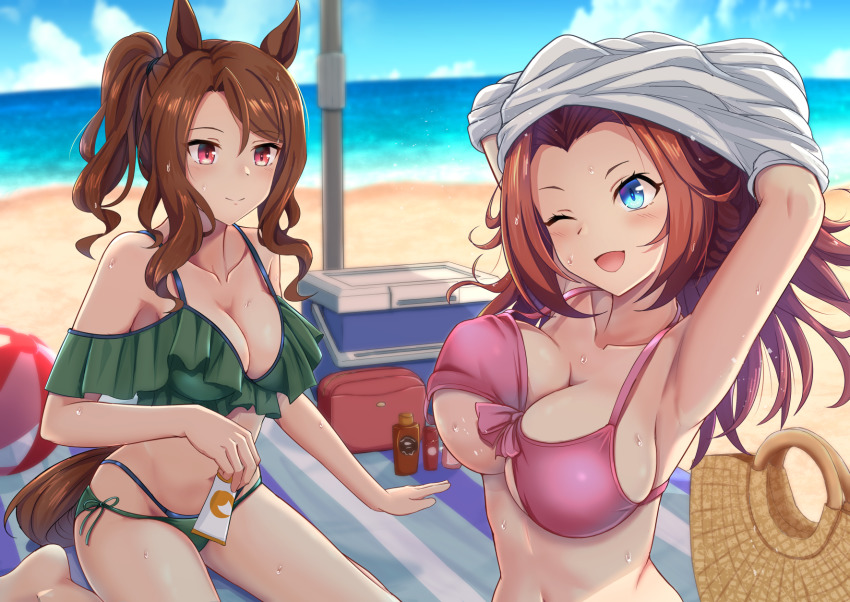 2girls, ;d, animal_ears, armpits, arms_up, ball, bare_shoulders, beach