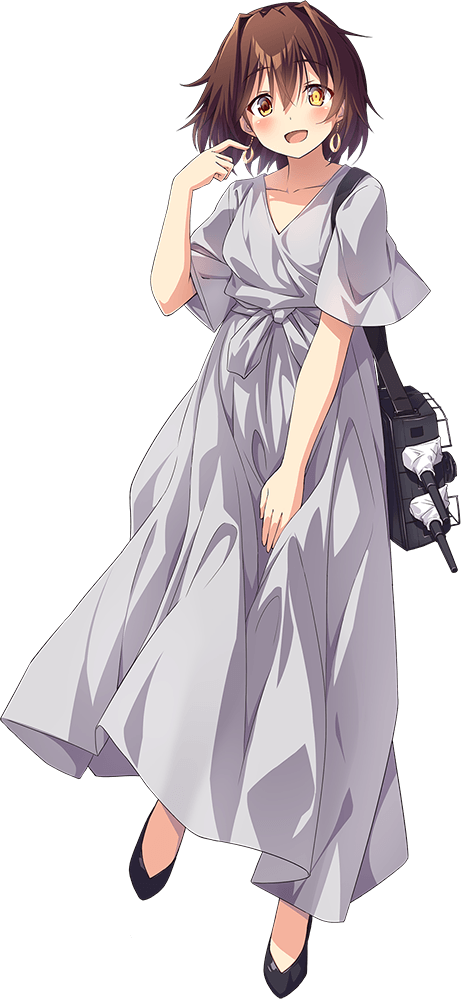 1girl, blush, breasts, brown_hair, collarbone, dress, earrings, full_body