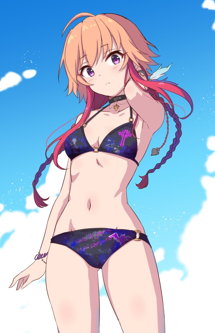 1girl, 2_nostg, :<, ahoge, armpits, bikini, black_bikini, blue_sky, bracelet, braid, breasts, choker, cloud, collarbone, commentary, day, dot_nose, hand_on_own_neck, hand_up, idolmaster, idolmaster_cinderella_girls, jewelry, light_blush, light_brown_hair, long_hair, looking_at_viewer, medium_breasts, multicolored_hair, navel, ninomiya_asuka, outdoors, print_bikini, purple_eyes, red_hair, sky, solo, stomach, swimsuit, thighs, two-tone_hair