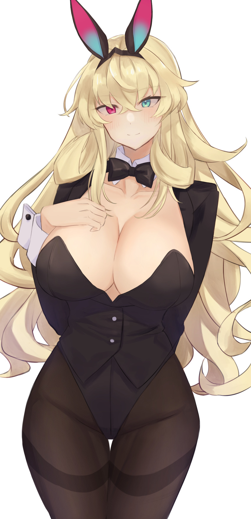 1girl, absurdres, animal_ears, black_leotard, blush, breasts, brown_pantyhose, cleavage, detached_collar, barghest_(fate), fake_animal_ears, fate/grand_order, fate_(series), highleg, highleg_leotard, highres, kz_mochixx, large_breasts, leotard, long_hair, long_sleeves, looking_at_viewer, pantyhose, playboy_bunny, rabbit_ears, smile, solo, thighs, wrist_cuffs