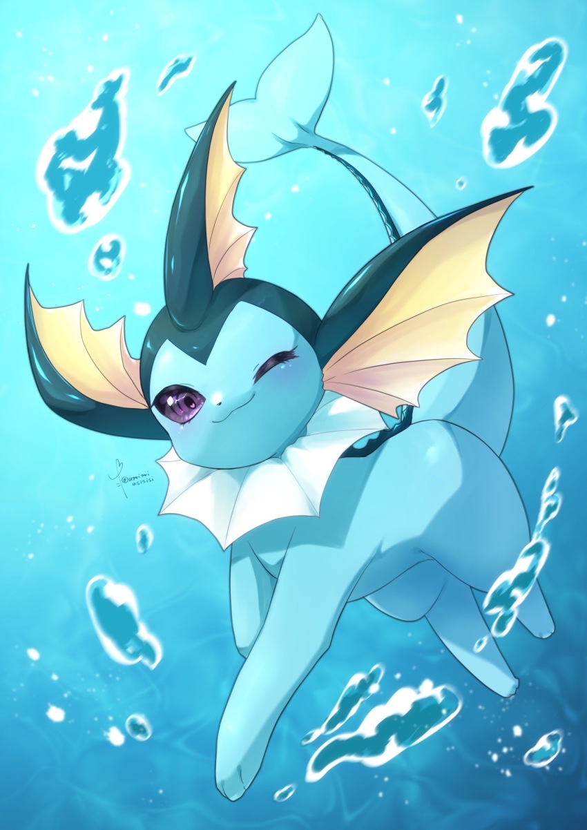 ;), aije, air_bubble, blurry, bubble, closed_mouth, commentary_request, full_body, gen_1_pokemon, highres, nintendo, no_humans, one_eye_closed, pokemon, pokemon_(creature), pokemon_focus, purple_eyes, signature, smile, solo, underwater, vaporeon