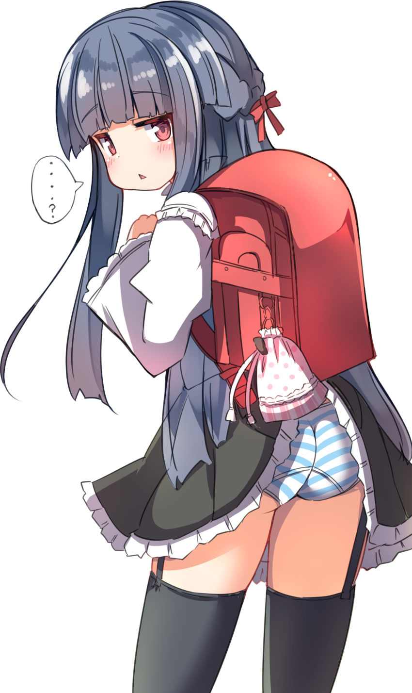 ...?, 1girl, :<, absurdres, accidental_exposure, ass, backpack, bag, black_hair, black_skirt, black_thighhighs, blush, bow, braid, clothes_lift, commentary_request, frilled_skirt, frills, from_behind, garter_straps, hair_bow, hand_up, highres, idolmaster, idolmaster_cinderella_girls, idolmaster_cinderella_girls_starlight_stage, juliet_sleeves, long_hair, long_sleeves, looking_at_viewer, looking_back, panties, parted_lips, puffy_sleeves, randoseru, red_bow, red_eyes, sajo_yukimi, shirt, simple_background, skirt, skirt_lift, solo, striped_clothes, striped_panties, thighhighs, triangle_mouth, umberblack, underwear, very_long_hair, wardrobe_malfunction, white_background, white_shirt, wide_sleeves
