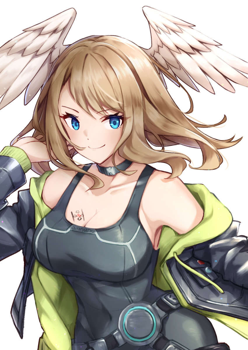 1girl, altheavin, black_jacket, blue_eyes, breasts, brown_hair, chest_tattoo, choker