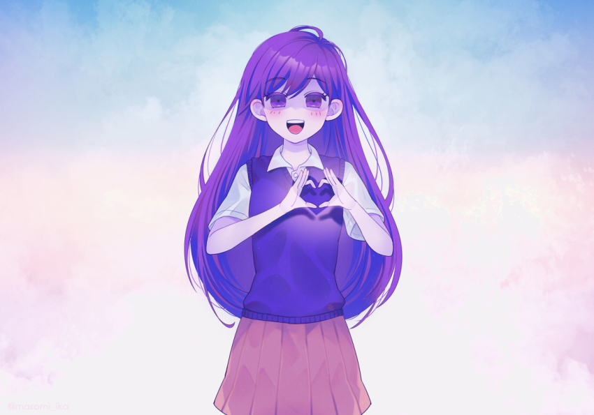 1girl, blush, collared_shirt, colored_skin, heart, heart_hands, long_hair, looking_at_viewer