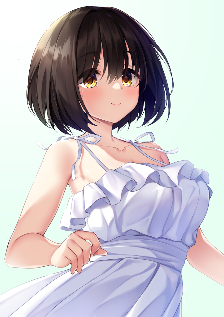 1girl, bare_shoulders, black_hair, blue_background, blush, breasts, closed_mouth, collarbone